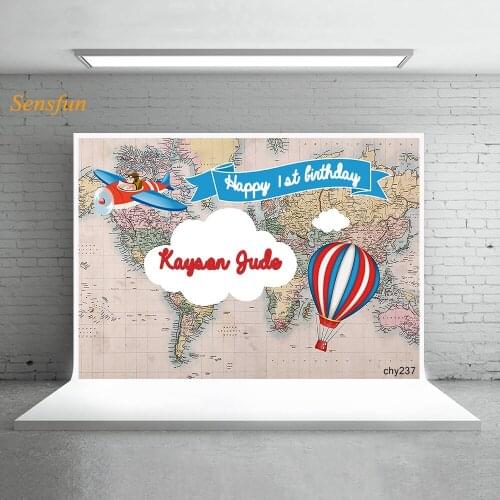 LEVOO Photography Background 1st Birthday World Map Plane Photo Background Photographic Backdrop Shoot Props Vinyl Photophone