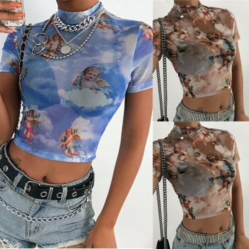 Women Angel Cupid Printed Turtleneck Crop Top Lady Summer Casual Sheer See Through Mesh T-Shirt Tees Girls Clubwear Streetwear