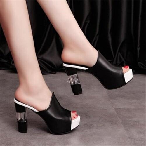 Ladies Leather Sole Slippers Women High Heel Sandals Clogs Black Platform Fish mouth fashion sandals and slippers 2021