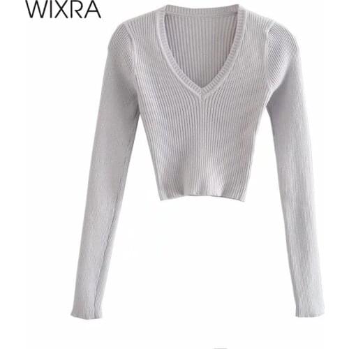 Wixra Slim Thin Sweater New Basic V-Neck Solid Summer Autumn Womens Pullovers Female Knit Long Sleeve Sweaters