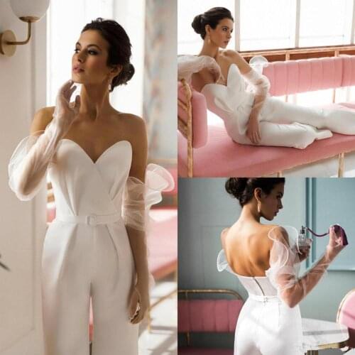 Country Jumpsuits 2020 Wedding Dresses With Detachable Sleeve Sweetheart Satin Pants Beach Boho Bridal Gowns Vestido De Novia