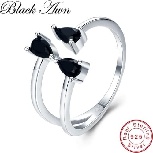 BLACK AWN Real 925 Sterling Silver Ring Black Spinel Leaf Open Elegant Rings for Women Silver 925 Jewelry G031