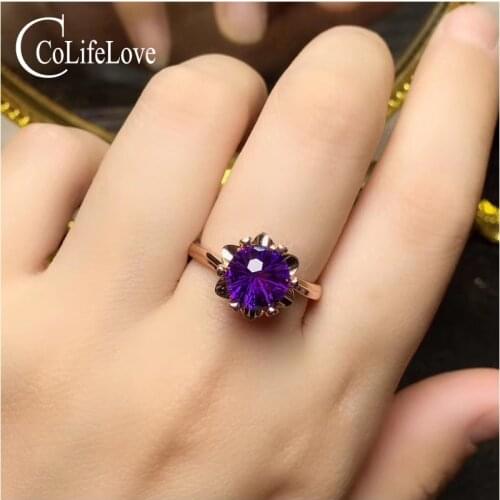 CoLife Jewelry 925 Silver gemstone Ring 8mm Natural Citrine/Amethyst Silver Ring Silver Citrine Jewelry Ring for Daily Wear