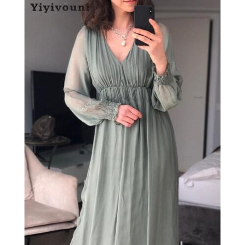 Yiyiyouni V-neck Double Layer Chiffon Dress Women Spring High Waist Mesh Dresses Women Black Elegant Long Sleeve Dress Female