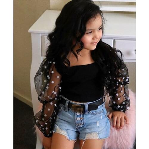 2021 Fashion Children Clothes Sets Kids Baby Girls Mesh Sheer Puff Long Sleeve Blouse +Denim Shorts Jeans Outfits Tracksuit 1-6Y