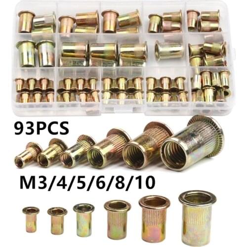 93PCS Box Rivet Nuts Carbon Steel M4 M5 M6 M8 M10 Flat Head Rivet Nuts Set Hardware Parts Multi Sizes Insert Rivet Nuts