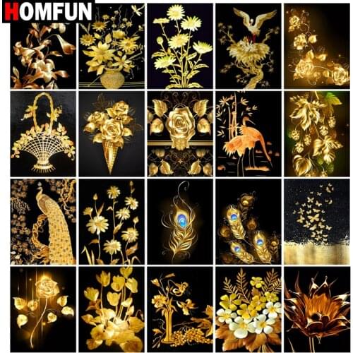 HOMFUN Full Drill Diamond Painting "Golden flower feather" DIY Picture Of Rhinestone 5D Diamond Embroidery Cross Stitch Decor