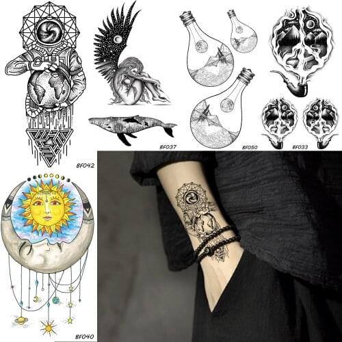 BAOFULI Men Galaxy Stars Astronaut Temporary Tattoo Bulb Pipe Waterproof Fake Jewelry Tatoos Black Body Art Arm Tattoo Stickers