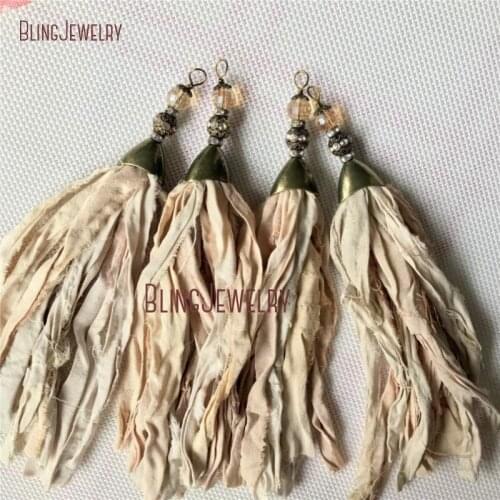 Beige Sari Silk Tassel Pendant Antique Bronze Cap Crystal Ball Accent Tassel Pendant PM28184