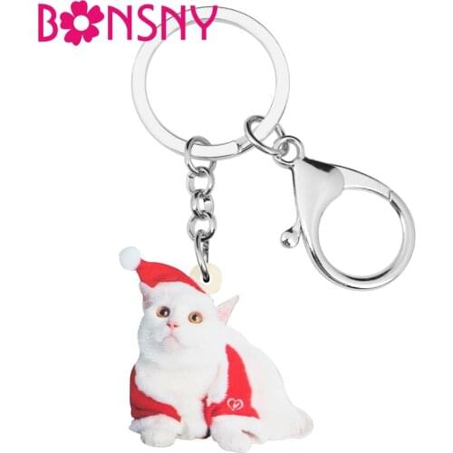 Bonsny Acrylic Christmas Hat Chausie Cat Kitten Key chains Key Rings Bag Car Purse Keychains For Women Girl Men Decorations Gift
