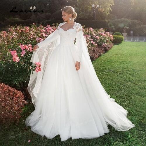 Church Pincess Ball Gowns Elegant Lace Long Sleeve Wedding Dresses with Cap Bridal White Wedding Gown Plus Size robe de mariee