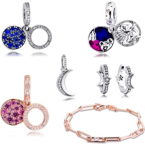 GPY Blue Pink Disc Crescent Moon Charms 925 Original Fit Pandora Bracelet Sterling Silver Beads for Jewelry Making DIY