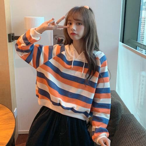 Fashion Rainbow Long Sleeve Striped Hoodies Women Hip Hop Harajuku Funny Autumn Loose Harajuku Vintage Hooded Sweatshirt Girls