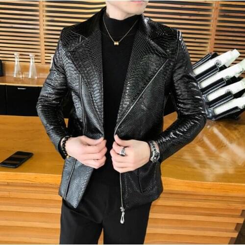 2020 autumn and winter diagonal zipper leather mens social leather suit trend personality handsome jacket tide male