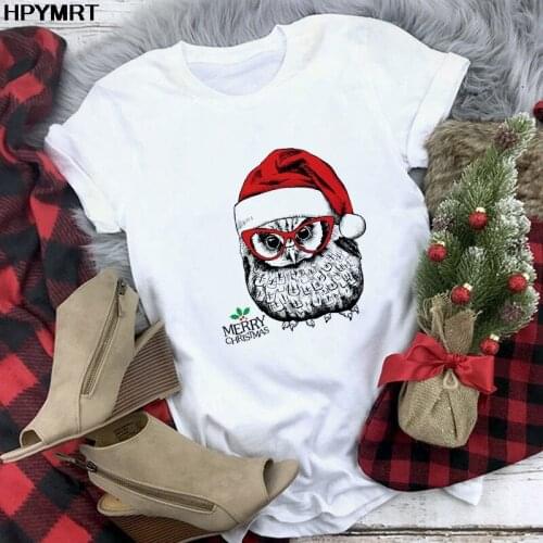 New Year Fashion Clothing Women T-shirt Merry Christmas Owl with Christmas Hat Printed T Shirt Female Graphic Tshirt Tops Tees