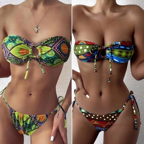 New Bandeaukini Bikini Set Sexy Women Swimwear Swimsuit Bra Top Thong Tankini Bathing Suit Beach Adjustable Gather Bikini