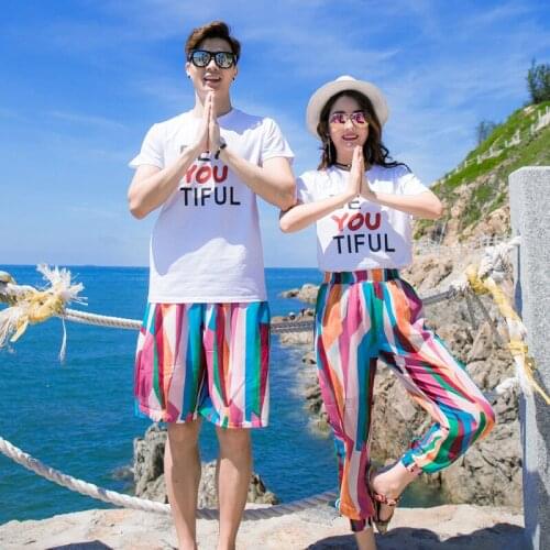 Couple Beach Style Clothes Seaside Woman Short Sleeves White T-Shirt And Ninth Pants Man Top Short Pnats Set Lover Travel Set
