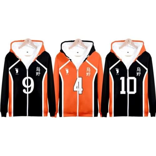 Anime Haikyuu Karasuno High School Zip Up Hoodie Women Men Zipper Hooded Sweatshirt Hinata Shoyo Kageyama Tobio Cosplay Costume