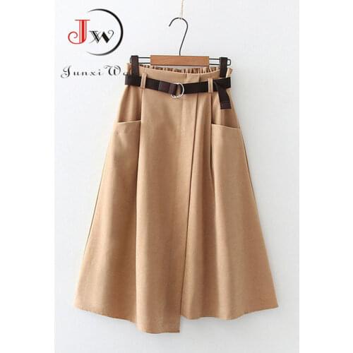 Women Casual Skirts 2021 Spring And Autumn Solid High Waist Irregular Pockets Midi Skirts Fashion Simple Elegant Saia Faldas