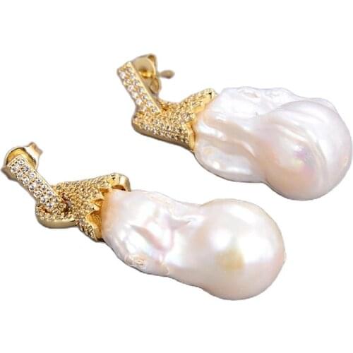 JK Natural Freshwater White Keshi Pearl Gold Plated Cz Pave Earrings For Women