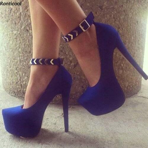 Ronticool Handmade Fashion Women Pumps Sexy Ankle Strap Stiletto Heel Round Toe Elegant Blue Party Shoes Women US Plus Size 5-20