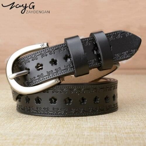 ZAYG new women belt genuine leather belts for women hollow pressed flower strap fashion luxury female alloy buckle designer belt