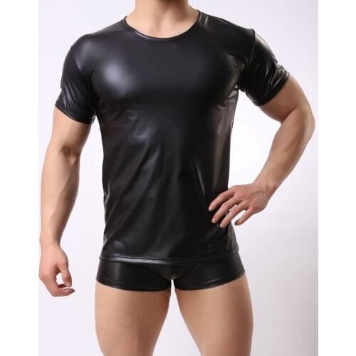 1PCS Cool Men PU Faux Leather T-Shirts Hot Sexy Club Dance Wear Light Standard Man T-shirt Cool Pajamas FX1016