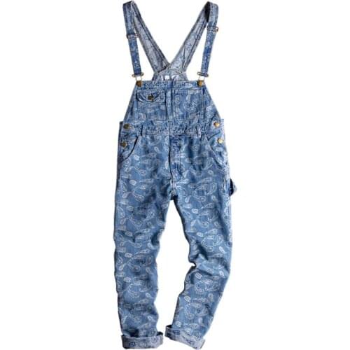 2020 European and American streets Hip Hop Washed Light blue Cashew Flower Embroidery Loose HIP-HOP Bib Men and Women jeans