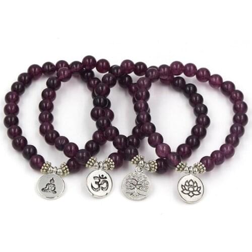 8mm hb6t45 elastic adjusted Charm nature stone Lotus life tree Buddha head Chakra Reiki agate Onyx Bracelet