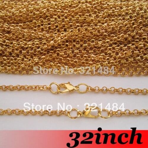 Free Ship! 100PCS 3mm 32 inch Gold Plated Metal Jewelry Link Rolo Chain Necklace With Lobster clasp
