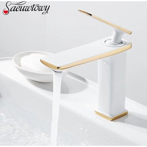 Free Shipping Black White Brass Bathroom Basin Faucet Mixer Taps Deck Mounted Hot And Cold Mixer Crane Basin Faucet Golden Taps