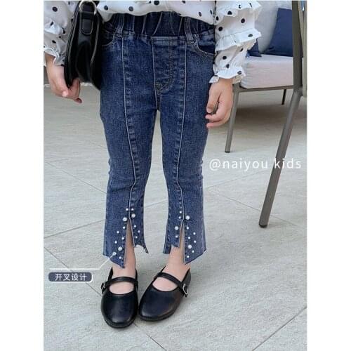 Childrens autumn 2020 Korean girls' jeans childrens Pearl split Capris stretch pants girls pants