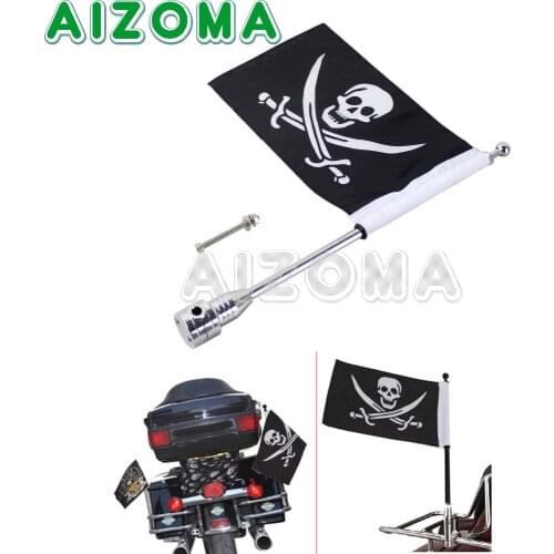 Chrome Billet Aluminum Flag Pole Motorcycle Skull Flag With Rear Side Mount Flag Pole For Harley Touring Cafe Racer Chopper
