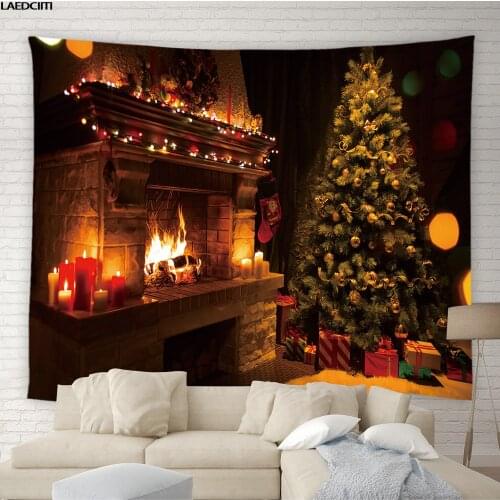 Christmas Party Wall Tapestry Art Background Blanket Curtain Picnic Table Cloth Hanging Home Decor Christmas Stocking Fireplace