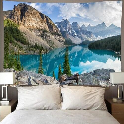 Big mountain forest lake cheap wall covering printed tapestry psychedelic wall hanging beach towel polyester thin blanket yoga