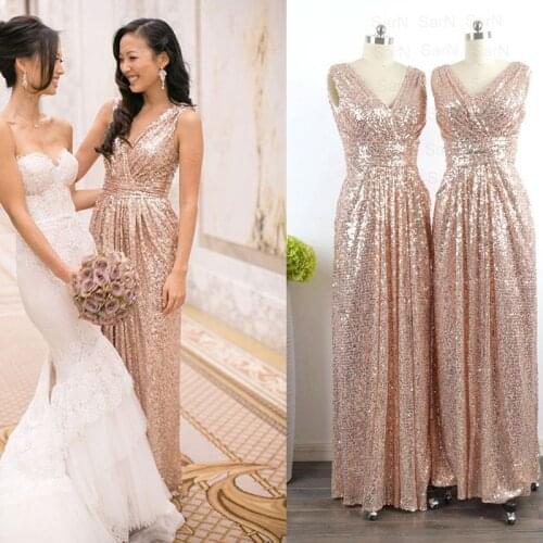 Hot sale Elegant Blush V-neck Sequin Bridesmaid Dresses Long Cheap Simple Under 100 Junior 2021