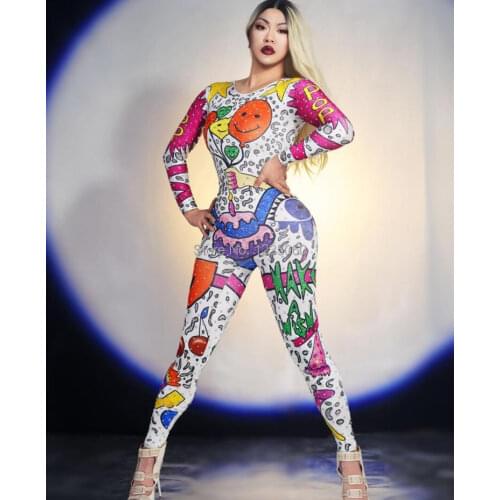 Cartoon Doodle Jumpsuit Outfit Female Singer Performance Party Wear Dance Stage Costume Bodysuit Prom Show Leggings