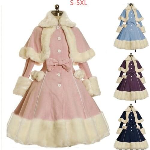 Fashion Women Lapel Collar Fur Coat Dress Cosplay Costume Elegant Lolita Dress Casual Long Sleeve Princess Dress Cute Bow Tie