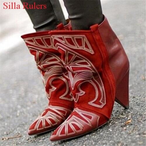 Fashion Street Style Women Boots Berry Embroidered Leather Suede Ankle Boots Spike High Heels Autumn Winter Boots Botas Mujer