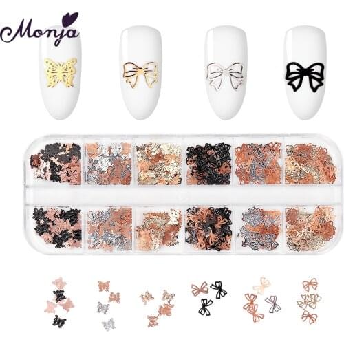 Monja 12 Grids/Box Nail Art Butterfly Shape Sequins 3 Styles Metal Mixed Color 3D DIY Flake Manicure Decoration Accessories