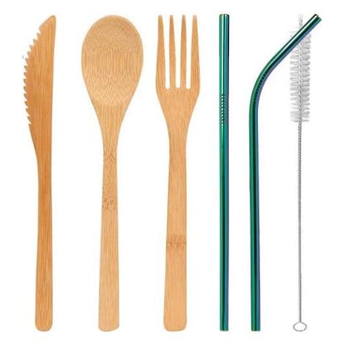 Bamboo Cutlery Set 5Pcs/Set spoon Fork Knife straw brush Flatware Dinnerware Set home Dining Kitchen Bar Cooking Tool SN1657