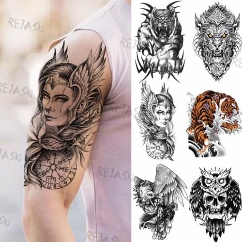 Realistic Warrior Compass Temporary Tattoos For Men Women Fake Tiger Lion Eagle Owl Skull Tatoos Water Transfer Tattoo Stickers