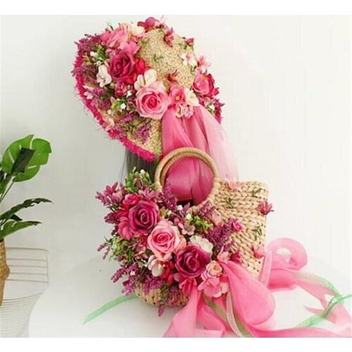 Romantic Purple Straw Bag for Women Hand-Woven Handbag Flower Ribbon Rattan Bags Larger Capacity Casual Beach Bag with Sun Hat