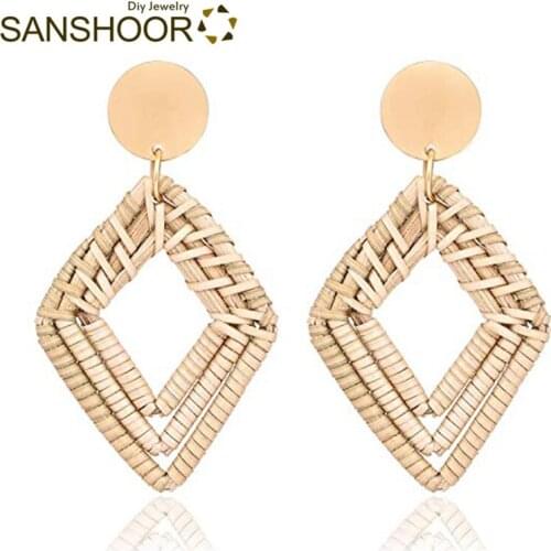 SANSHOOR 2.7*1.5 Handwoven Rattan Earrings Rhombus Shaped Natural Wood Jewelry Hollow Ear Stud Trendy Design 6 Pairs
