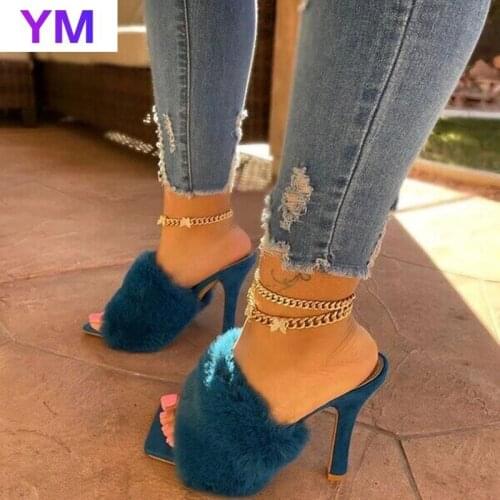 Blue Summer Shoes Woman Thin High Heels Fur Sandals Square Toe Mules Pumps Slides Zapatillas Mujer Casa Sapatos Femininos 35-43
