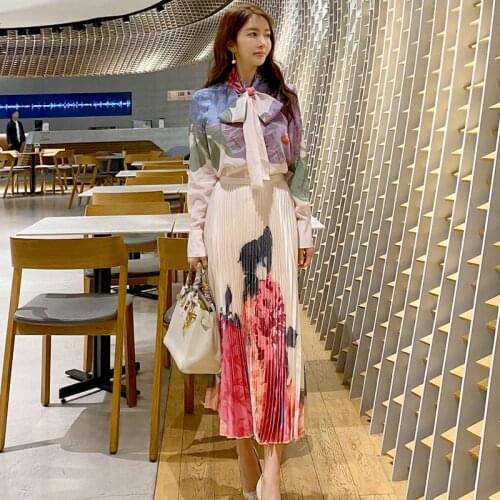 SMTHMA Womens 2021 New Spring Vintage Print Korean Full Sleeve Bow Blouses +High Waist Pleats Long Skirt Set