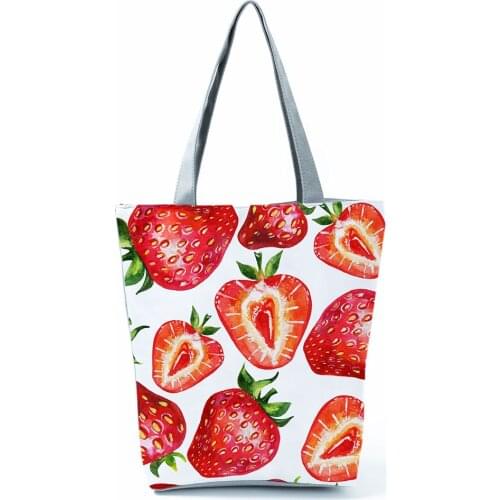 Strawberry Printed Handbag Daily Eco Reusable High Capacity Women Shopping Bag Fruit Graphic Outdoor Travel Tote Custom Pattern