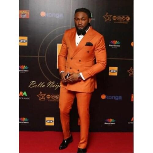 High Quality Double Breasted Orange Groom Tuxedos Peak Lapel Groomsmen Men Blazers Suits (Jacket+Pants+Tie) NO:472