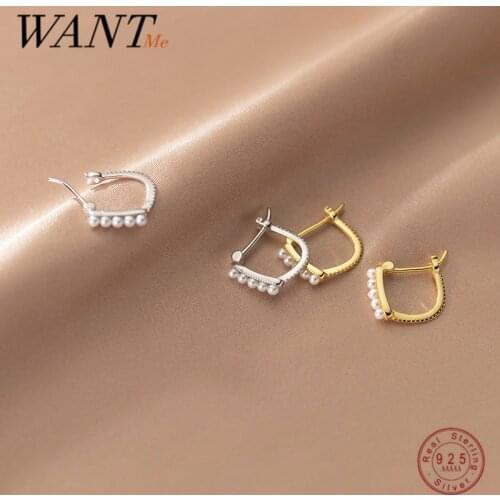 WANTME 925 Sterling Silver Pearl Ear Buckle Geometric Square Piercing Earrings for Women Simple French Fine Huggie Jewelry 2021