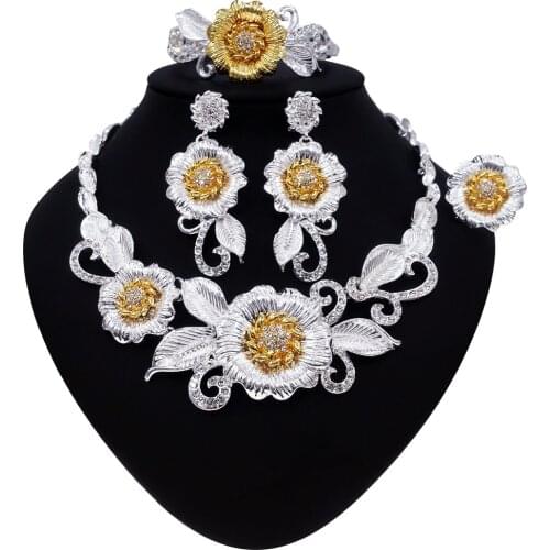 Yulaili Flower Leaf Crystal Necklace Earrings Bracelet Ring Luxury Women Nigerian Wedding Bride Dubai Jewelery Set Wholesale
